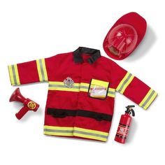 a fireman's uniform and hat are laid out on a white surface,