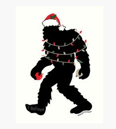 a bigfoot with christmas lights on it's chest and legs, wearing a santa hat