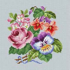 a cross stitch pattern with flowers and leaves