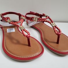 Beautiful Red And Pink Colors Size 6 New With Tags Attached Smoke Free Home All Reasonable Offers Are Welcomed Club Heels, Club Red, Platform Wedges Shoes, Strappy Sandals Flat, Club Shoes, Montego Bay, Silver Sandals, Leather Flip Flops, Embellished Sandals