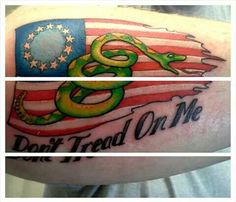 two pictures showing the same tattoo on each arm, one with an american flag and the other with a green snake