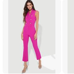 Generation Love Rowenna Tuxedo Jumpsuit Hot Pink Sz 4 Rowenna Tuxedo Jumpsuit Takes You Anywhere Chic Fitted V-neck Pantsuit, Glamorous Formal Pantsuit, Glamorous Fitted Suits For Workwear, Glamorous Fitted Suits For Work, Fitted Suit For Night Out In Spring, Spring Fitted V-neck Suits, Spring V-neck Fitted Suits, Feminine Sleeveless Party Jumpsuits And Rompers, Party Overalls With Fitted Stretch