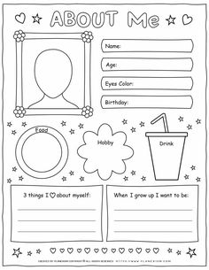 an adult coloring page with the words about me on it and pictures of things to color