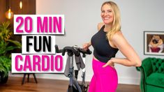 a woman standing next to a bike with the words 20 min fun cardio on it