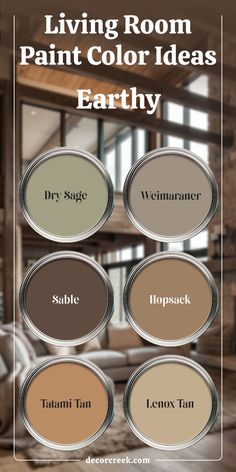 The image presents earthy living room paint color ideas with six paint swatches. The colors featured are Dry Sage, Weimaraner, Sable, Hopsack, Tatami Tan, and Lenox Tan. The background shows a cozy living room with a warm, rustic design, complementing the natural, earthy tones of the paint options. Sherwin Williams Sable, Tan Walls Living Room, Cabin Paint Colors, Natural Paint Colors, Sage Living Room, Rustic Paint Colors, Sage Color Palette, Tan Paint Colors, Living Room Paint Color Ideas