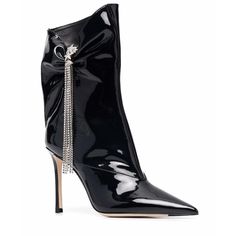 Black leather Crystal embellishmentPointed toeSlip-on styleAnkle-lengthHigh heelComposition: Calf Leather 100%Sole: Calf Leather 100%Lining: Calf Leather 100%Circumference: 11.8"/30 cmHeel: 3.9"/10 cmHeight: 6.3"/16 cmMade in Italy Luxury High Ankle Party Heels, Luxury High Ankle Evening Heels, Elegant High Ankle Patent Leather Heels, High Ankle Patent Leather Evening Heels, Evening Patent Leather High Ankle Heels, High Ankle Patent Leather Heels For Evening, Evening High Ankle Patent Leather Heels, Calf Leather High Ankle Heels For Party, High Ankle Calf Leather Heels For Party