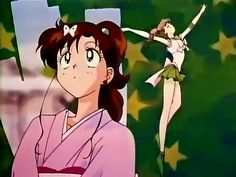 an anime character is standing in front of a green background with stars and a woman wearing a pink kimono