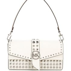 Michael Korsgreenwich Signature Semi Lux Medium Convertible Logo Closure Studded Shoulder Bag From Michael Kors, The Greenwich Signature Semi Lux Medium Convertible Logo Closure Studded Shoulder Bag Features: Turn-Lock Closure Interior: 1 Back Slip Pocket, 1 Center Zip Compartment, 3 Front Credit Card Pockets Exterior: 1 Back Slip Pocket, 1 Front Slip Pocket . Color: Optic White Approx. 10" W X 5.5" H X 3.75" D Bag; 6.5" Handle Drop; 23.5" Adjustable Drop Approx. Weight 1.52 Lbs. Imported. Everyday White Shoulder Bag With Logo Hardware, White Bags With Logo Hardware For Everyday, Designer White Bags With Metal Hardware, Michael Kors White Shoulder Bag With Silver-tone Hardware, White Michael Kors Shoulder Bag With Silver-tone Hardware, Kate Spade Crossbody, Michael Kors Bag, Convertible, Red And White