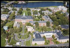 an aerial view of the campus and surrounding buildings