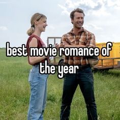 a man and woman standing next to each other in front of a truck with the words best movie romance of the year