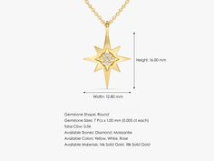 Navigate your style with the timeless elegance of our North Star Necklace in luxurious 14k Solid Gold. Meticulously crafted, this enchanting piece features a delicate gold chain and a captivating North Star pendant, symbolizing guidance, inspiration, and pursuing one's true path. FEATURES • Made to Order • Height: 16.00 mm • Width: 12.80 mm • Gold Kt: 14k Solid Gold, 18k Solid Gold • Available Gemstones: Diamond • Gemstone Cut: Round • Diamond Color - Clarity: G Color - SI1 Clarity • Number of S North Star Pendant, Delicate Gold Chain, North Star Necklace, North Star, Diamond Color, Star Pendant, Star Necklace, Gold Yellow, Round Diamond