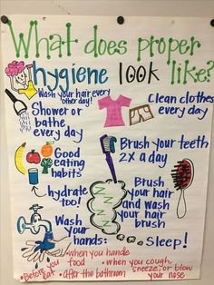 a poster with writing on it that says what does proper hygiene look like?