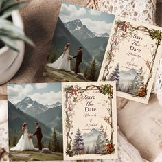 wedding save the date cards with an image of a bride and groom standing in front of mountains