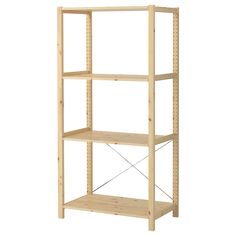 a wooden shelving unit with four shelves