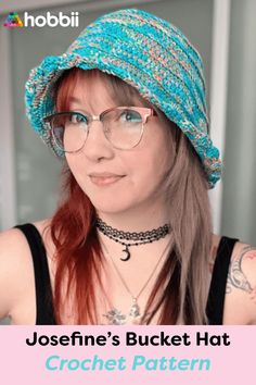 a woman wearing glasses and a knitted hat with text overlay that reads, jossefin's bucket hat crochet pattern