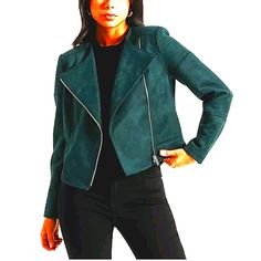 Elevate Your Style With This Stunning Nwt Lc Lauren Conrad Emerald Green Faux Suede Moto Jacket In Size Xs. The Jacket Features A Solid Pattern And Short Length. Long Sleeves Full Zip Closure And Fully Lined. Two Front Pockets Shoulder Detail The Jacket Is Made Of 100% Polyester With A Suede-Like Fabric. Dry Clean Only Approximate Measurements:. 20" Length 23" Sleeve Any Questions? Feel Free To Ask! Ships Same Or Next Business Day! Casual Green Winter Biker Jacket, Casual Green Biker Jacket For Winter, Green Winter Biker Jacket With Zipper Closure, Green Winter Biker Jacket With Zipper, Winter Green Biker Jacket With Zipper Closure, Casual Winter Biker Jacket With Asymmetrical Zip, Chic Green Leather Jacket For Fall, Fitted Moto Outerwear For Fall, Casual Green Biker Jacket For Fall