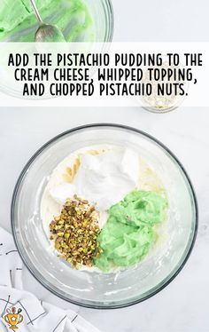 the ingredients to make pistachio pudding in a glass bowl with text overlay