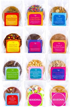 six different types of candies in plastic bags on a white background with the words seasonal