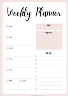 a printable weekly planner with pink dots and black writing on the top, in front of a white background