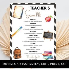 teacher's survival kit with an apple and school supplies