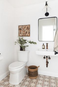 a white toilet sitting next to a sink in a bathroom under a mirror and potted plant