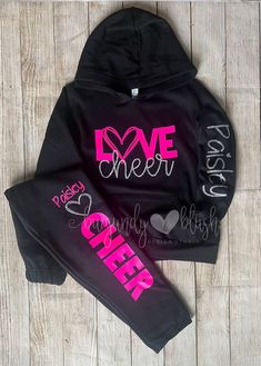 Cricut Sweatpants Ideas, Cheer Stuff Ideas, Cheer Sweatpants, Cheer Favors, Cheer Merch, Cheer Hoodies, Cheer Gifts Diy, Cheer Warm Ups, Cheer Jackets