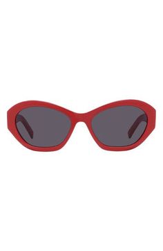 Angular cat-eye frames add a futuristic vibe to these bold sunglasses designed with logo-accented temples. 57mm lens width; 18mm bridge width; 140mm temple length 100% UV protection CR-39 lenses Acetate Imported Modern Red Shield Sunglasses With Gradient Lenses, Modern Red Tinted Shield Sunglasses, Red Modern Shield Sunglasses With Polarized Lenses, Modern Red Shield Sunglasses With Polarized Lenses, Modern Red Polarized Shield Sunglasses, Modern Red Cat Eye Sunglasses With Gradient Lenses, Modern Red Cat Eye Sunglasses With Uv Protection, Red Cat Eye Sunglasses With Tinted Lenses, Red Cat Eye Polarized Sunglasses