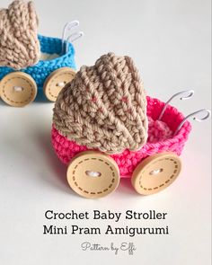 two crochet baby stroller mini pram amigurmi with wooden wheels