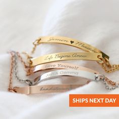 "Engraved Bracelet With Name Unique Gifts For Women Personalized Friendship Bracelet Inspirational Best Friend Gift Bridesmaid Gifts *All Orders Ship the Next Business Day* Personalize this piece with your own meaningful message. Personal, timeless pieces you'll never want to take off - it is made to keep your sentiments close. All of our jewelry are hypoallergenic and tarnish resistant. We wish to create lasting pieces that everyone can cherish, no matter the price point. We carefully package i Engraved Bar Bracelet, Bar Bracelet Personalized, Bracelet With Name, Gold Bar Bracelet, Customised Bracelets, Bracelet Initial, Birthday Jewelry, Design Bracelet, Bar Bracelet