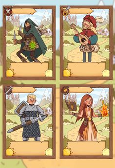 four different pictures of people in medieval costumes