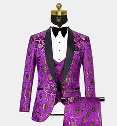 Royal Purple and Gold Tuxedo - 3 Piece | Gentleman's Guru Purple Suits For Men, Floral Tuxedo, Unique Coats, Purple Tuxedo, Gold Tuxedo, Tuxedo Prom, Purple And Gold Wedding, White Pocket Square, Wedding Tux