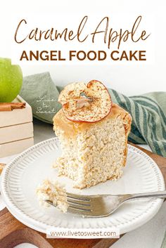 a close up of a piece of cake on a plate with the words caramel apple angel food cake