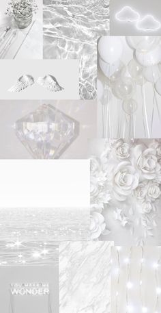 a collage of white and silver items including balloons, flowers, lights and hearts