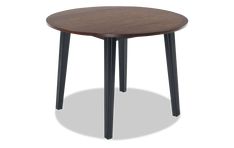 a round wooden table with black legs and a brown top on an isolated white background