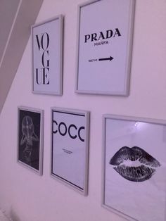 there are pictures on the wall with black and white images above them, including lipstick