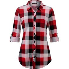 95% Polyester, 5% Spandex Button Closure Machine Wash Plaid Shirts For Women, Features Boyfriend Style, Button Down Front, Long Sleeves With Roll Up Sleeves Detail, Slim Fit Features Boyfriend Style, No Pocket, Button Down Front, Long Sleeves With Roll Up Sleeves Detail, Slim Fit, Super Soft And Stretchy Fabric Will Not Cling Your Skin And Lightweight And Form Fitting Easy Plaid, Easy Time. Load Up Your Wardrobe With Classic Shirts, Suitable For Casual, Dating, Work, Party As You Can Dress It Up Fitted Button-up Flannel Shirt For Work, Red Cotton Tops With Button Cuffs, Casual Plaid Tops With Button Cuffs, Red Button-up Flannel Shirt For Work, Fitted Flannel Shirt For Workwear, Red Collared Top With Button Cuffs, Red Flannel Shirt With Button Closure For Work, Red Button-up Blouse With Button Cuffs, Red Shirt With Button Cuffs For Fall