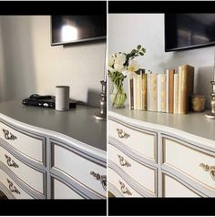 two pictures of a dresser with books and flowers on it, one is white and the other has gold trim