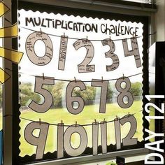 a bulletin board with writing on it in front of a window that reads multiplection challenge