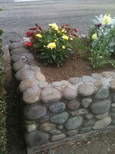 a stone wall with flowers growing out of it