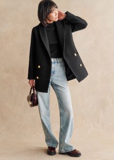 Shawl-collar coat;Double-breasted front;Waist tailoring;Two inlaid pockets on the waistband;Lined;Length from shoulder 80 cm / 31.5 in (for a 36) Shawl Collar Coat, Denim Suit, Swimwear Dress, Coat Black, Shawl Collar, Blouse Dress, Black Wool, Parisian Style, Black Coat