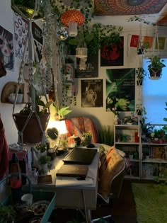 a room filled with lots of plants next to a wall covered in pictures and lights