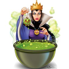 the evil queen is cooking some food in her caulder and pointing at it