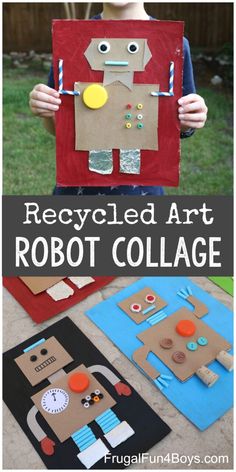 Cardboard Collage, Robot Party, Kids' Crafts, Recycled Art, Cardboard Crafts, Stem Activities