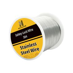 a spool of stainless steel wire with the words safety lock wire in black and yellow