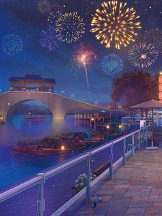 fireworks are lit up in the night sky over a river with boats and buildings on it