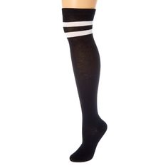 Get comfy and cozy while also look extremely cute! These socks are solid black and have two white stripes at the top. Black socks with white stripes Size: One size Material: Acrylic - Claire's Over The Knee Striped Socks - Black Trendy Thigh High Black Socks, Casual Black Thigh High Socks, Casual Black Thigh-high Socks, Comfortable Black Knee-high Socks For Gifts, Casual Black Stockings, Harajuku Outfits, Ty Beanie Boos, Fashionable Jewelry, Thigh High Socks