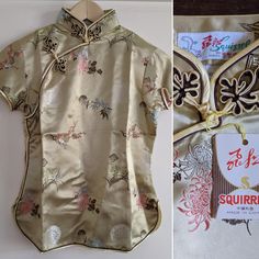 This Chinese cheongsam shirt is in a lovely gold hue with embroidered florals and insignia, the size is a very small 32. The original tags are still attached making this new old stock and in excellent condition, the brand is 'Solz Squirrel'. Length 58cm Waist 35cm (one side) Shoulders 35cm Cheongsam Shirt, Chinese Blouse, Chinese Shirt, Chinese Cheongsam, Womens Blouses, Traditional Chinese, Cheongsam, Kids Shirts, Womens Clothing Tops