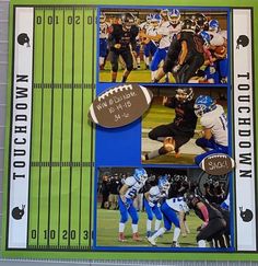 a collage of photos with football players and numbers on the sidelines in blue and green