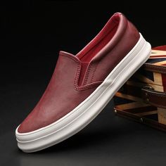 Comfortable Slip-on Skate Shoes With Vulcanized Sole, Casual Leather Slip-ons For Streetwear, Casual Brown Slip-ons With Contrast Sole, Casual Slip-ons With Vulcanized Sole For Streetwear, Trendy Slip-on Skate Shoes With Vulcanized Sole, Synthetic Slip-ons With White Sole For Streetwear, Casual High-top Slip-ons For Streetwear, Comfortable Slip-on Skate Shoes For Streetwear, Casual Canvas Shoes With Red Sole And Round Toe