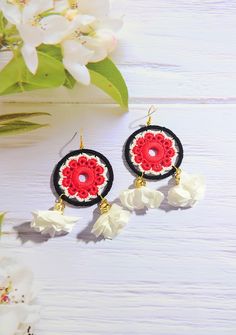 Amazing hot flamenco earrings, Stunning jewelry for dancing woman, Spanish style latino dangle, Personalized jewel gift from Spain Absolutely amazing and brightly colored crochet earrings decorated with  off white fabric tassels in the end. Gorgeous and unique handmade jewelry.  Such colorful jewelry will brighten your look on autumn or winter days! :) The earrings are a perfect match for a one-color outfit as well as a perfect addition to a hippie, boho or a little ethno outfit. They can be a p White Flower Earrings For Celebration, Handmade White Danglers For Party, White Handmade Danglers For Party, Gift Flower Earrings With Latkans, White Chandelier Earrings For Festival, White Bohemian Danglers For Celebration, One Color Outfit, Fabric Tassels, Dancing Woman